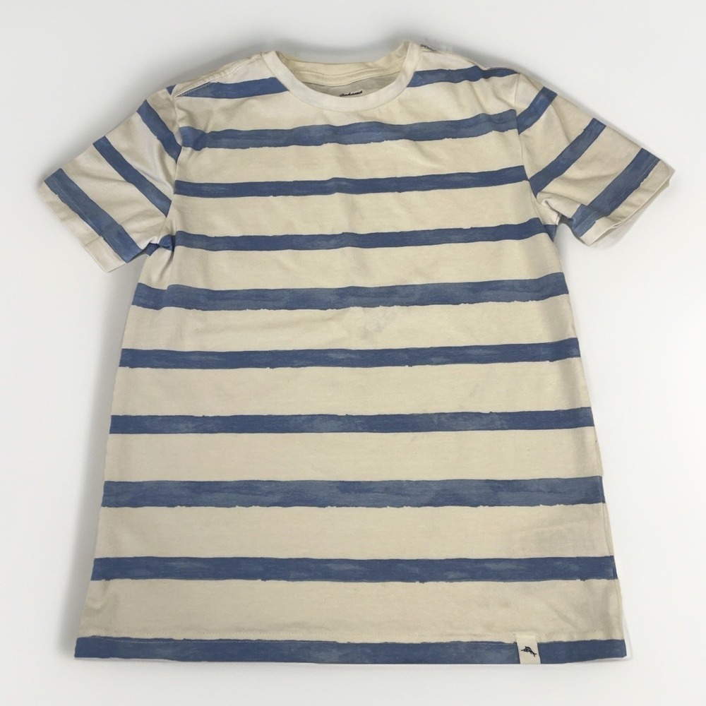 Tommy Bahama Shirt Boys Youth White Blue Striped Casual Cotton T Shirt M 7/8